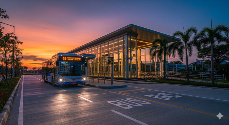 A cinematic, wide-angle shot of a modern silver and blue rapid transit bus at a sleek, glass-walled station in Cavite, Philippines, at sunset.