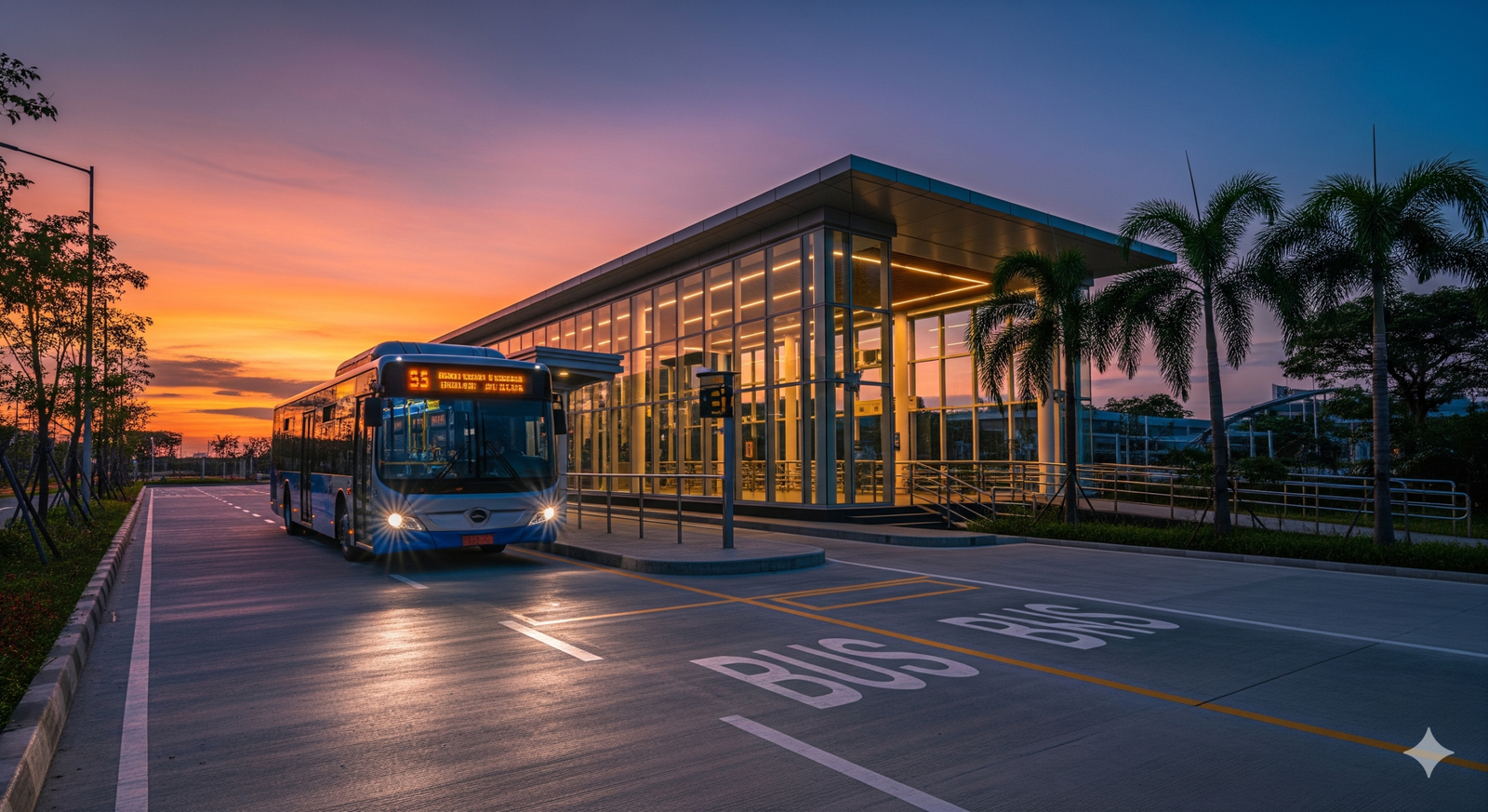A cinematic, wide-angle shot of a modern silver and blue rapid transit bus at a sleek, glass-walled station in Cavite, Philippines, at sunset.